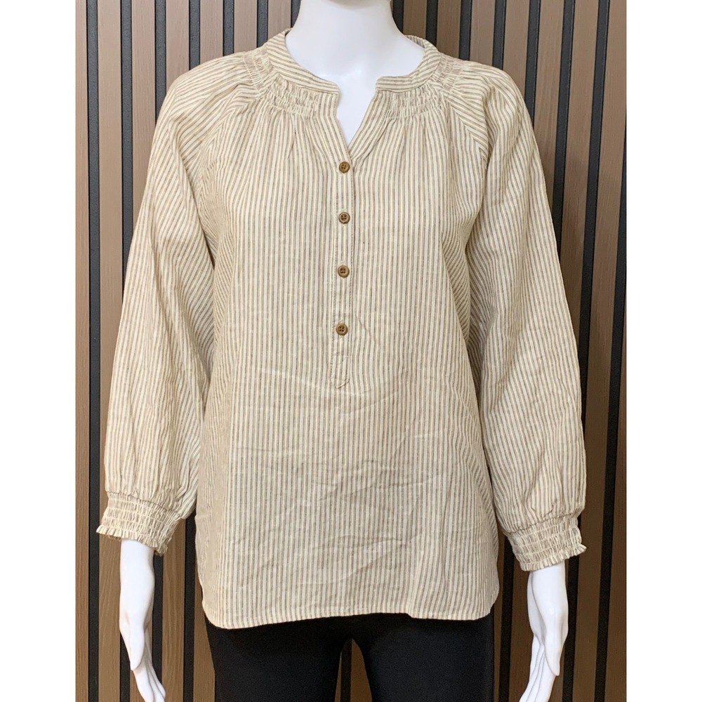 Duluth Trading Co Hemp Organic Cotton Striped Smocked Henley Blouse Tan Small